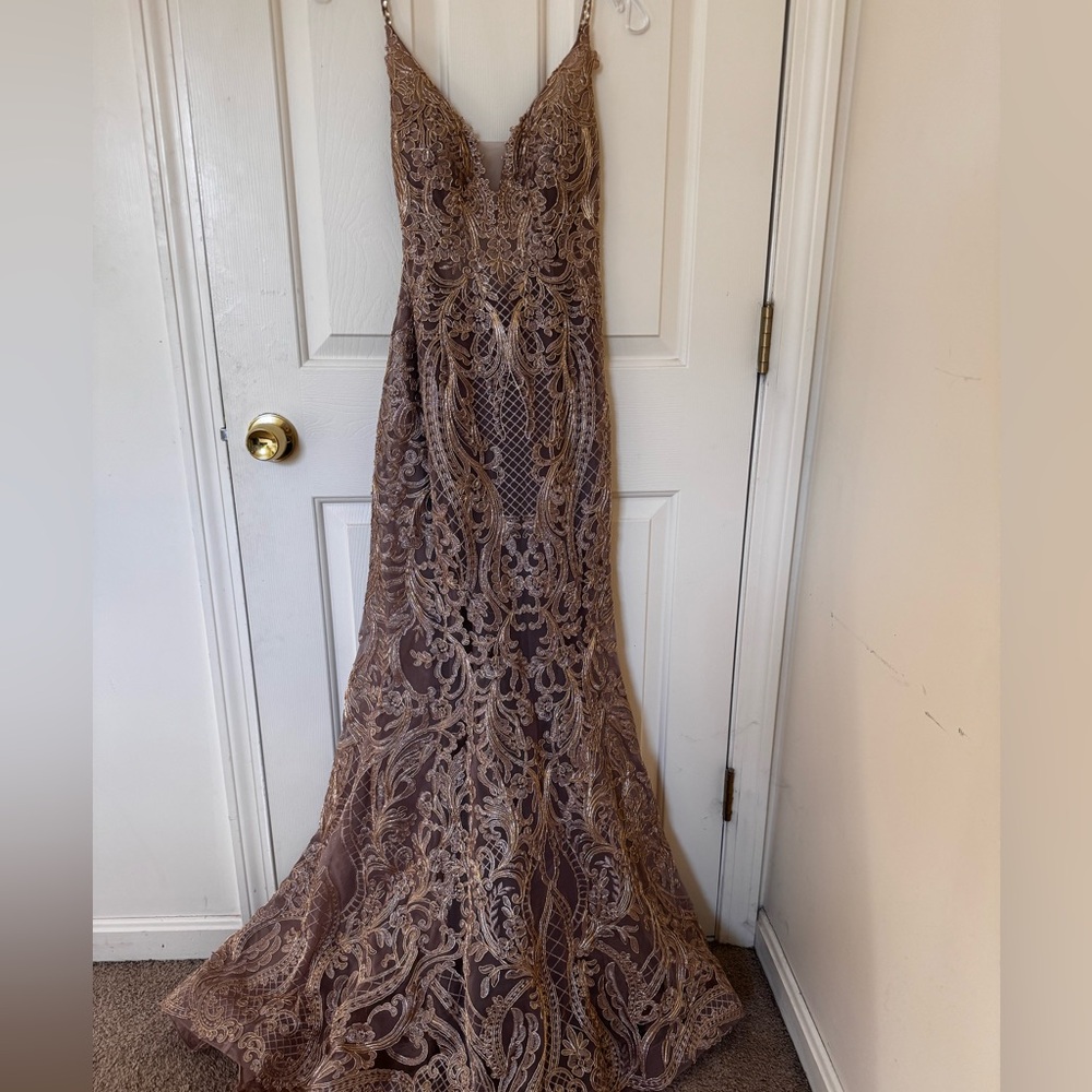 Gold worn once Clarisse prom dress with silver gem straps